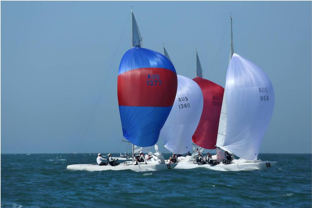 This photo describes the entire regatta it is the finish last race Heat 7 Queensland Etchells championships at RQYS.Four crews easily in contention for winning the regatta all of them are in this photo. Bow 12 is Mark Johnson regatta leader, bow 09 is Matt Chew. © Rod Smith